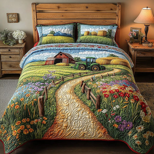 Barn Beauty quilted 3-piece bedding set on a made bed in a farmhouse bedroom