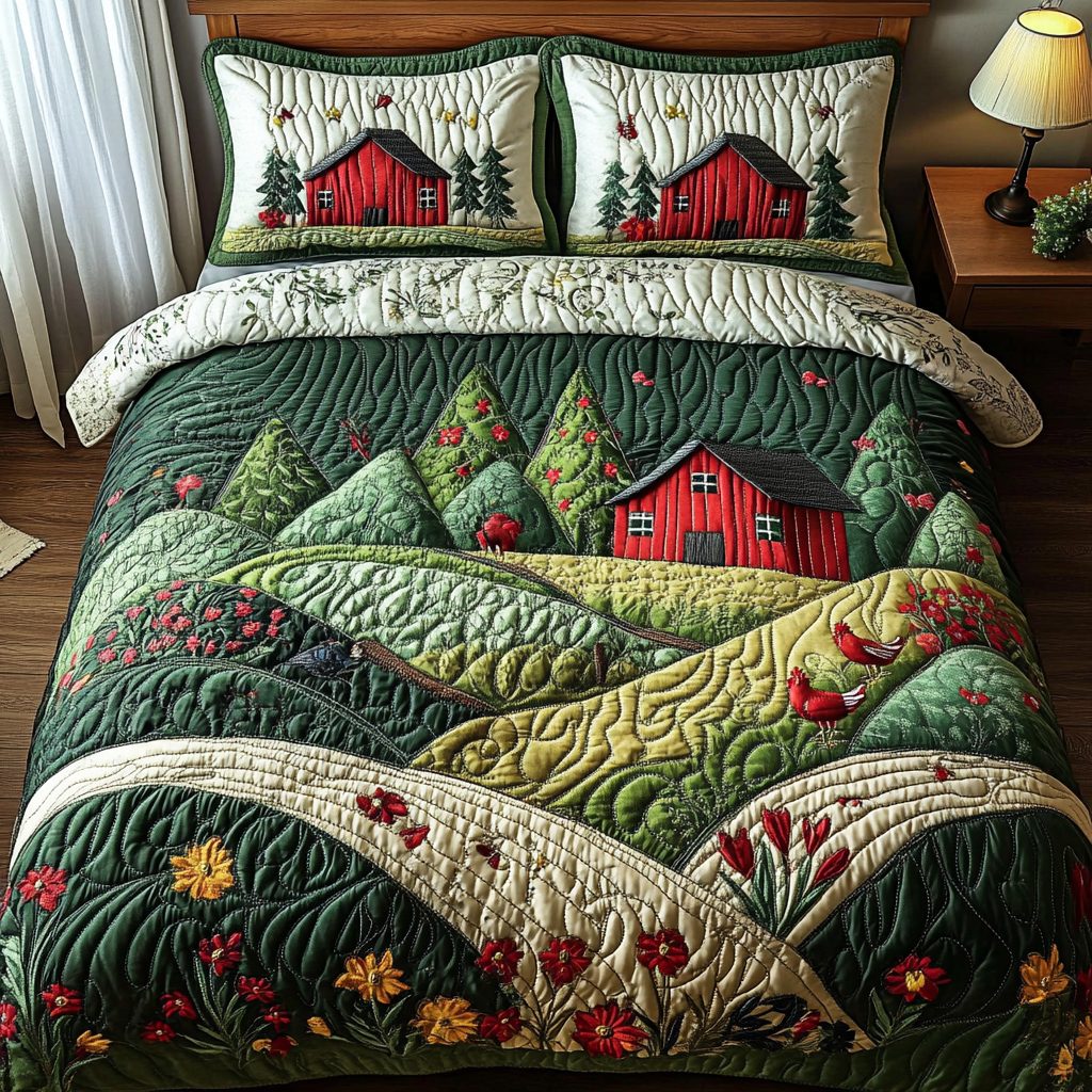 Barn Bliss quilted 3-piece bedding set on a made bed in a farmhouse bedroom