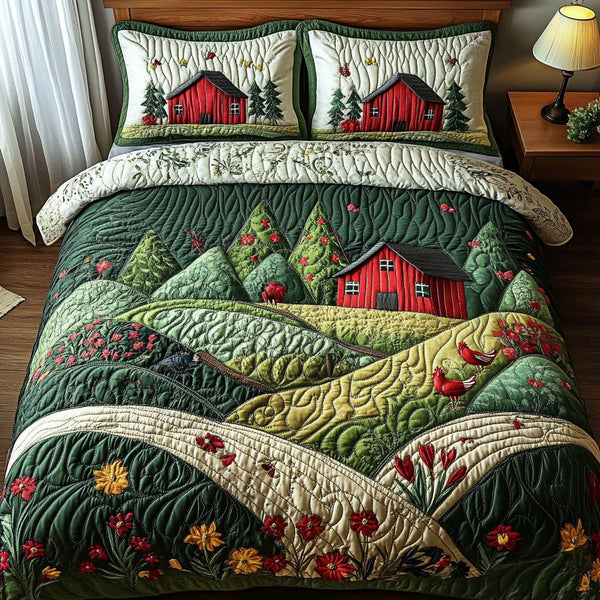 Barn Bliss quilted 3-piece bedding set on a made bed in a farmhouse bedroom