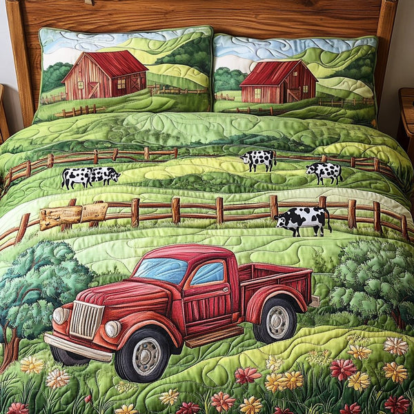 Barn Bliss quilted 3-piece bedding set on a made bed in a farmhouse bedroom