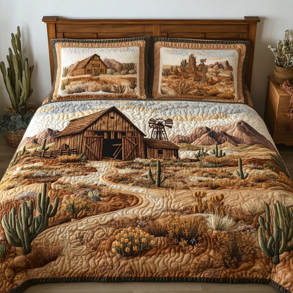 Barn Bliss quilted 3-piece bedding set on a made bed in a farmhouse bedroom