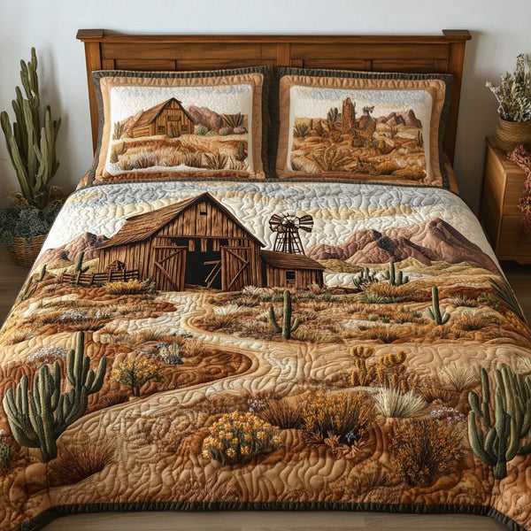 Barn Bliss quilted 3-piece bedding set on a made bed in a farmhouse bedroom