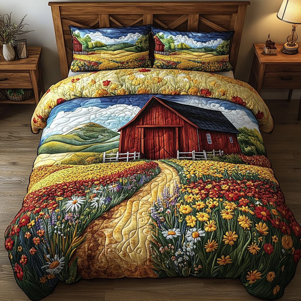 Barn Bloom quilted 3-piece bedding set on a made bed in a farmhouse bedroom
