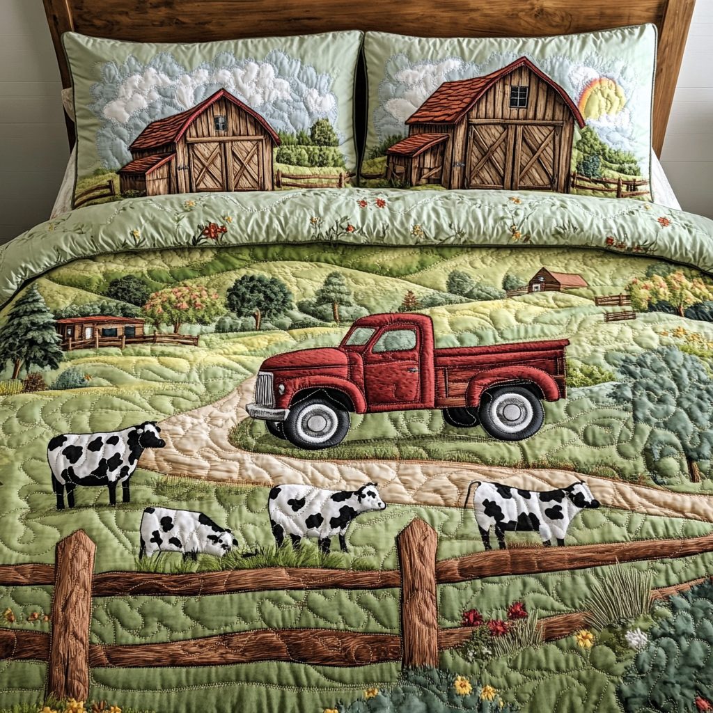 Barn Dreams quilted 3-piece bedding set on a made bed in a farmhouse bedroom