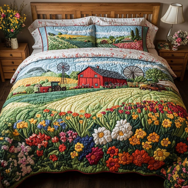 Barn Dreams quilted 3-piece bedding set on a made bed in a farmhouse bedroom