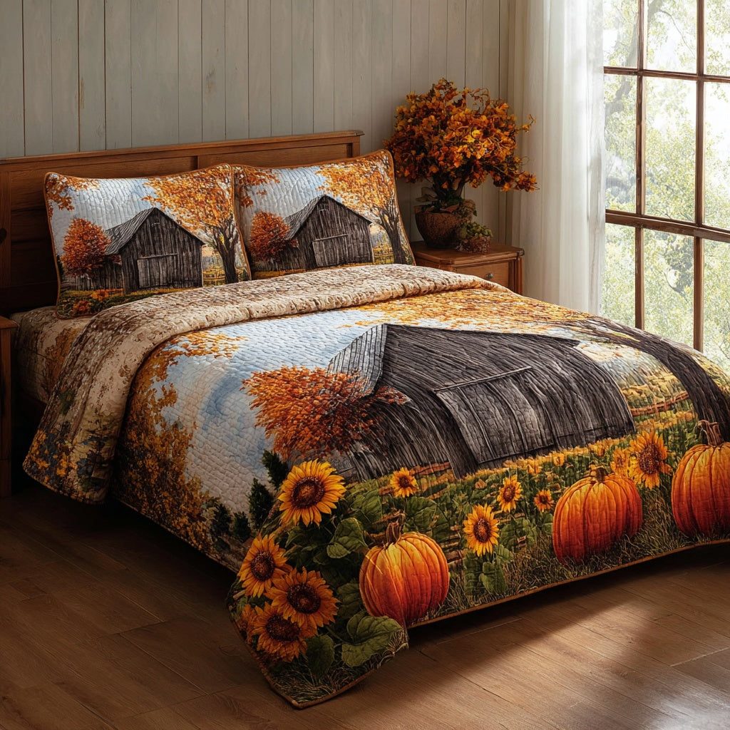 Barn Harvest quilted 3-piece bedding set on a made bed in a farmhouse bedroom