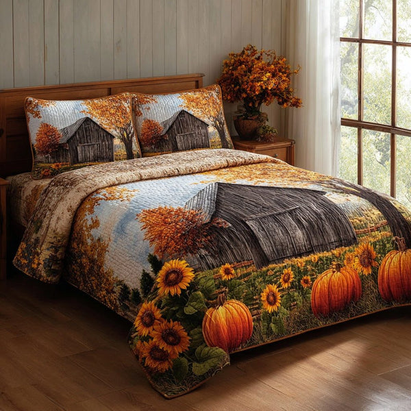 Barn Harvest quilted 3-piece bedding set on a made bed in a farmhouse bedroom