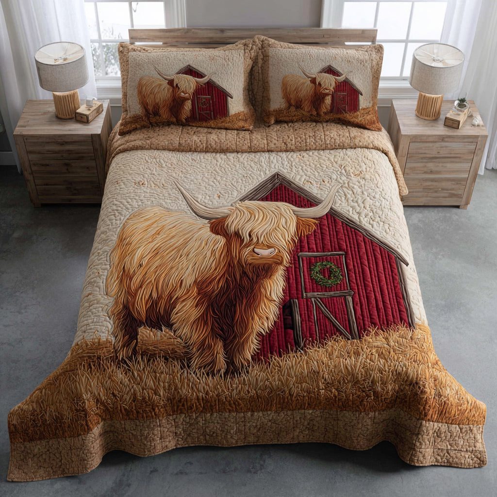 Barn Highland Cow quilted 3-piece bedding set on a made bed in a farmhouse bedroom