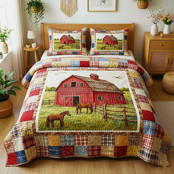 Barn Home quilted 3-piece bedding set on a made bed in a farmhouse bedroom