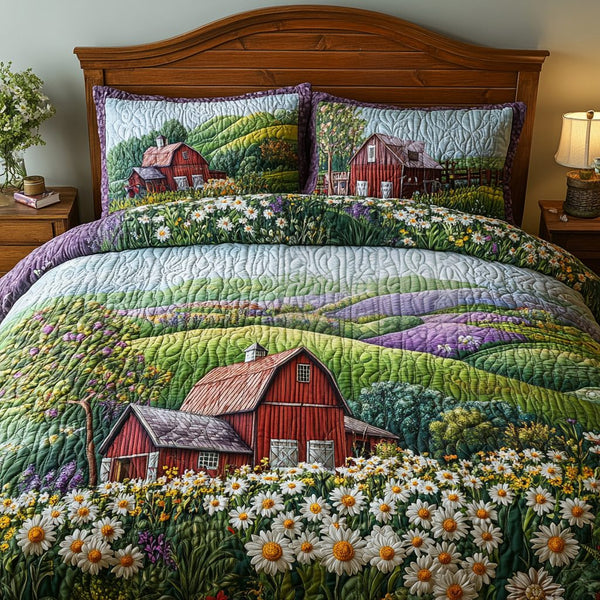 Barn Memories quilted 3-piece bedding set on a made bed in a farmhouse bedroom