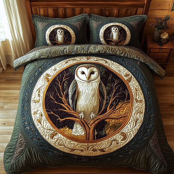 Barn Owl Charm quilted 3-piece bedding set on a made bed in a farmhouse bedroom