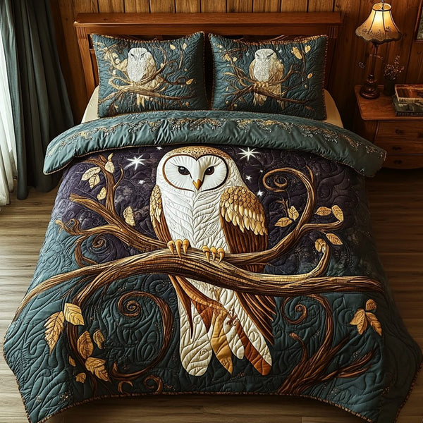 Barn Owl Midnight Perch quilted 3-piece bedding set on a made bed in a farmhouse bedroom