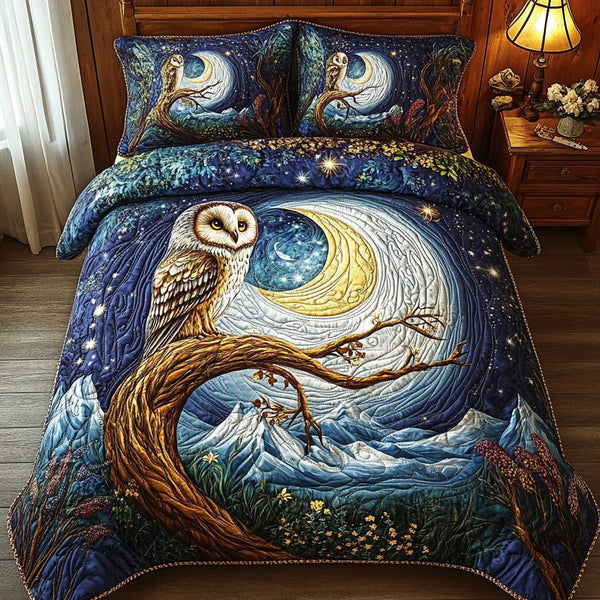 Barn Owl Moonlight quilted 3-piece bedding set on a made bed in a farmhouse bedroom