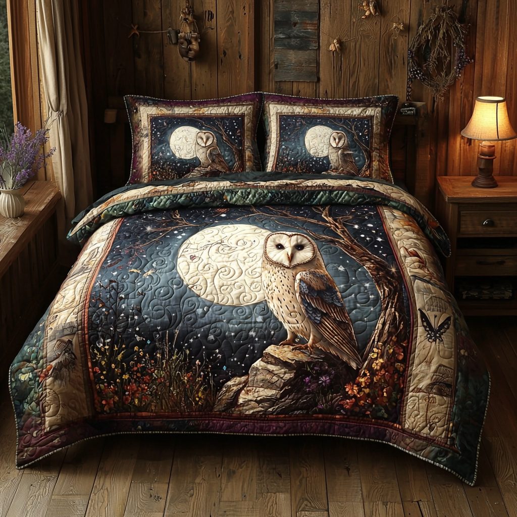 Barn Owl Mystery quilted 3-piece bedding set on a made bed in a farmhouse bedroom