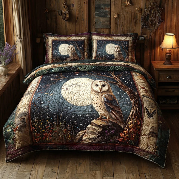 Barn Owl Mystery quilted 3-piece bedding set on a made bed in a farmhouse bedroom