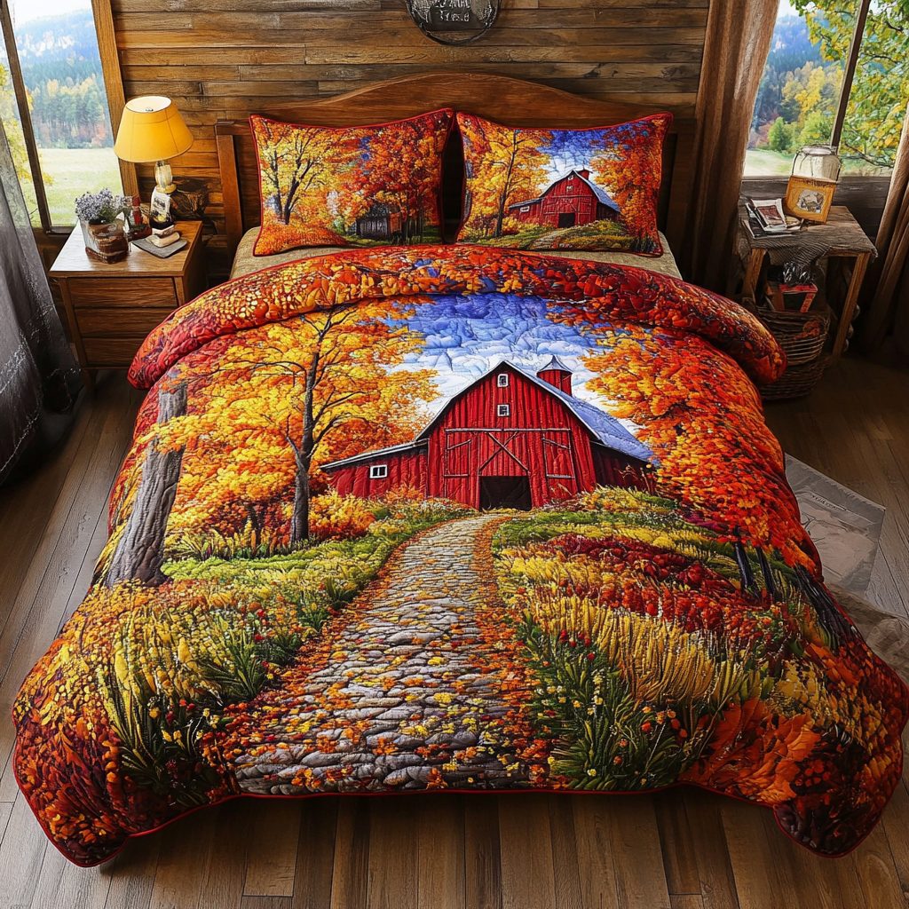 Barn Path quilted 3-piece bedding set on a made bed in a farmhouse bedroom