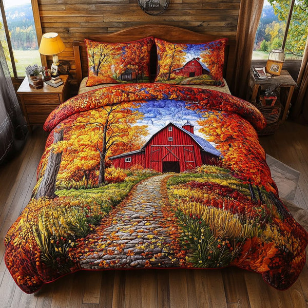 Barn Path quilted 3-piece bedding set on a made bed in a farmhouse bedroom