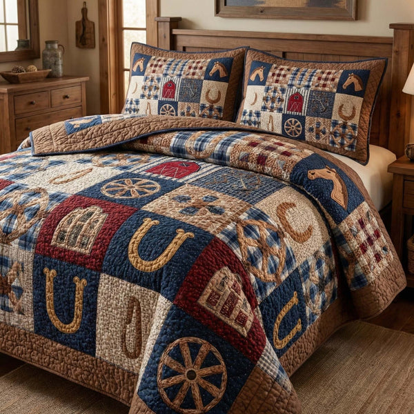 Barn Quilt quilted 3-piece bedding set on a made bed in a farmhouse bedroom