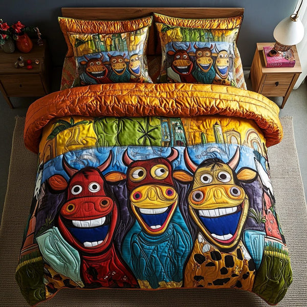 Barn Smiles quilted 3-piece bedding set on a made bed in a farmhouse bedroom