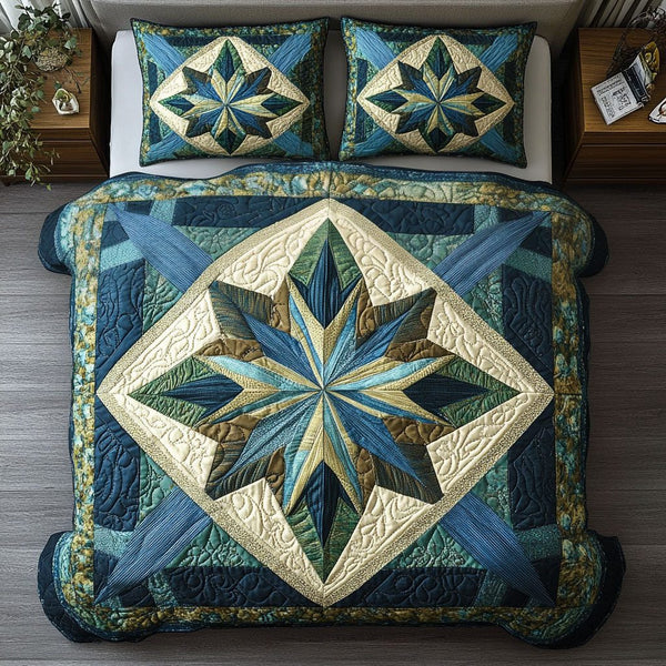 Barn Star Dream quilted 3-piece bedding set on a made bed in a farmhouse bedroom