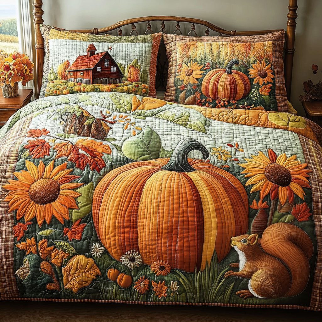 Barnhouse Pumpkin quilted 3-piece bedding set on a made bed against a dark styled interior