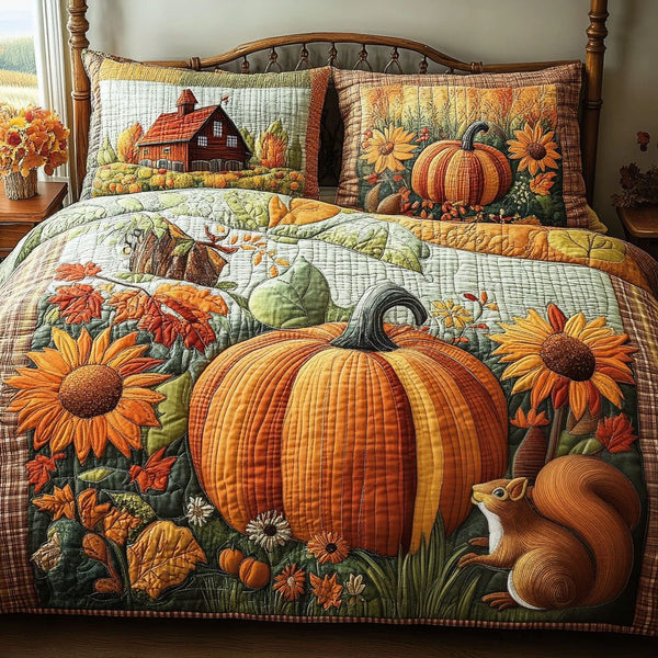 Barnhouse Pumpkin quilted 3-piece bedding set on a made bed against a dark styled interior