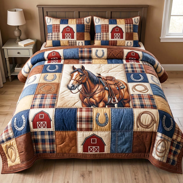Barnside Rider quilted 3-piece bedding set on a made bed with two matching pillow shams
