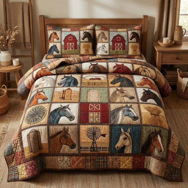 Barnstead Horses quilted 3-piece bedding set on a made bed in a rustic timber bedroom