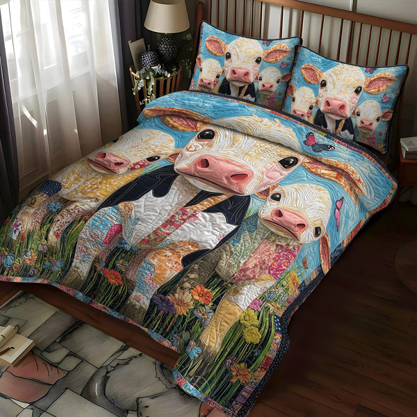 Barnyard Babies quilted 3-piece bedding set on a made bed with two matching pillow shams