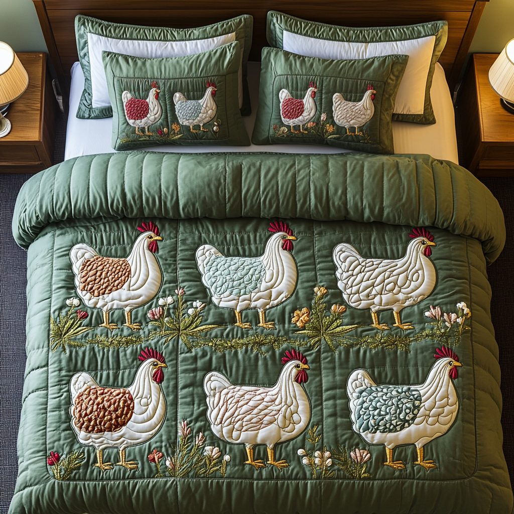 Barnyard Beauties quilted 3-piece bedding set on a made bed with two matching pillow shams