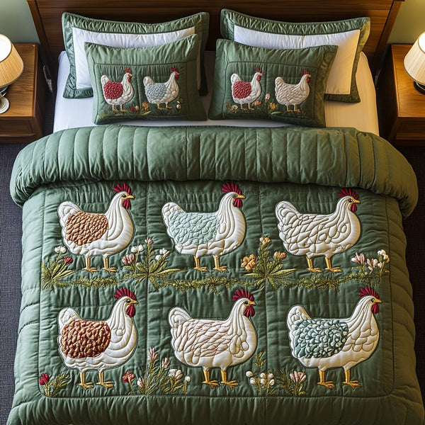 Barnyard Beauties quilted 3-piece bedding set on a made bed with two matching pillow shams
