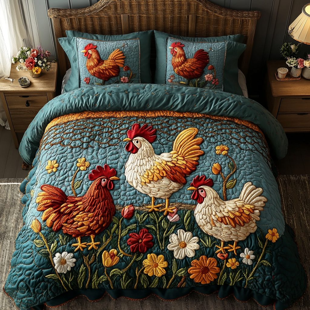 Barnyard Beauties quilted 3-piece bedding set on a made bed with two matching pillow shams