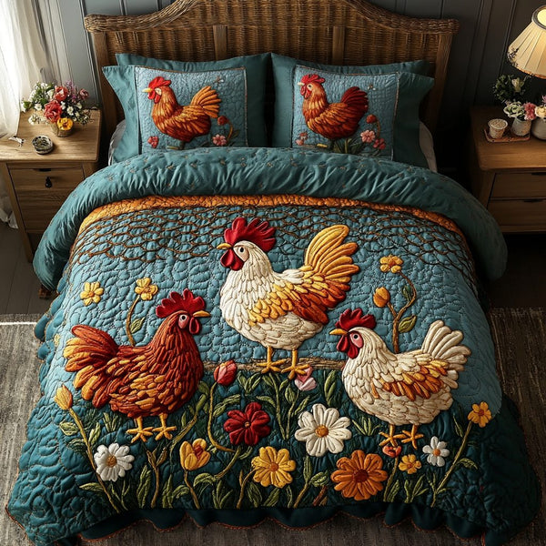 Barnyard Beauties quilted 3-piece bedding set on a made bed with two matching pillow shams