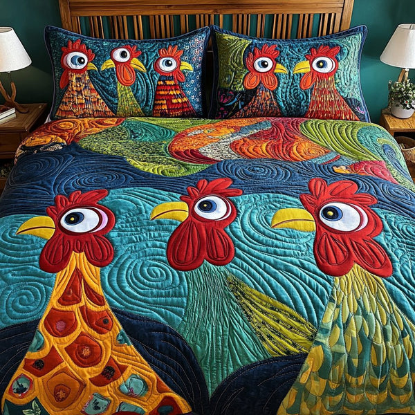 Barnyard Beauty quilted 3-piece bedding set on a made bed with two matching pillow shams