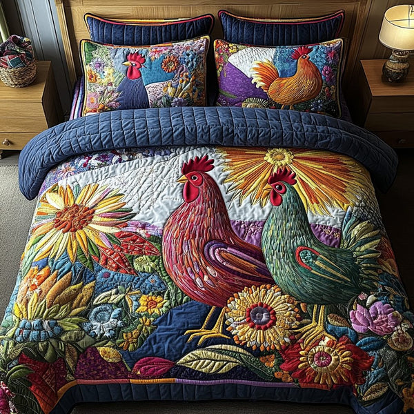 Barnyard Beauty quilted 3-piece bedding set on a made bed with two matching pillow shams