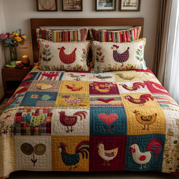 Barnyard Blessings quilted 3-piece bedding set on a made bed with two matching pillow shams