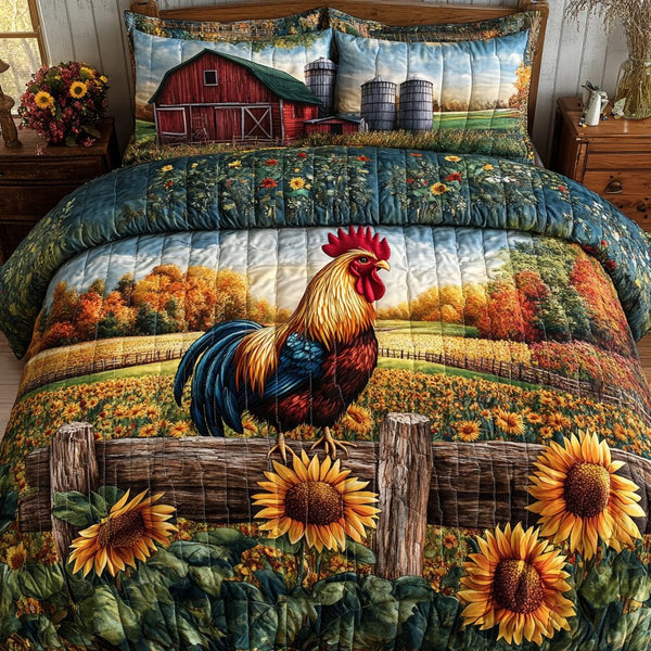 Barnyard Bliss quilted 3-piece bedding set on a made bed with two matching pillow shams
