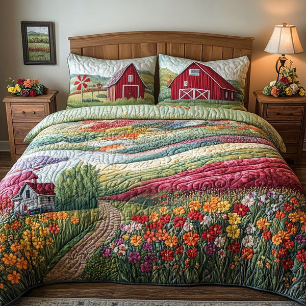 Barnyard Bliss quilted 3-piece bedding set on a made bed with two matching pillow shams