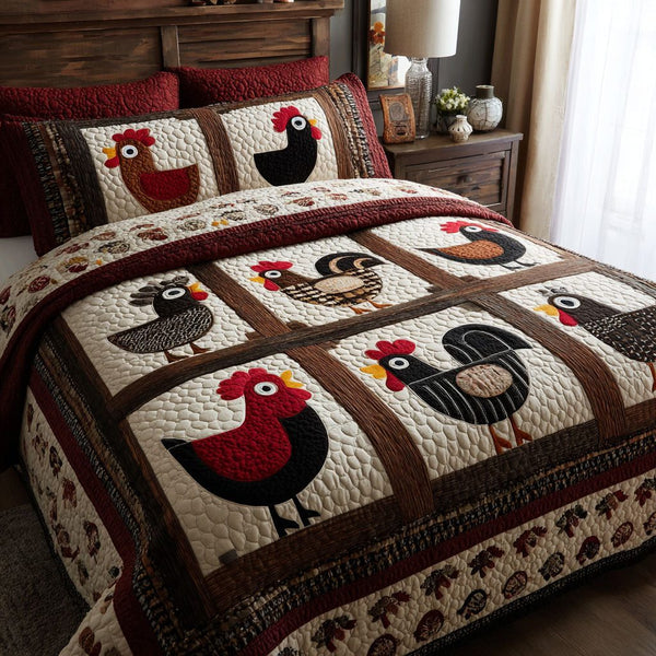 Barnyard Blocks quilted 3-piece bedding set on a made bed with two matching pillow shams