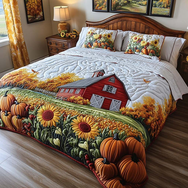 Barnyard Bloom quilted 3-piece bedding set on a made bed with two matching pillow shams