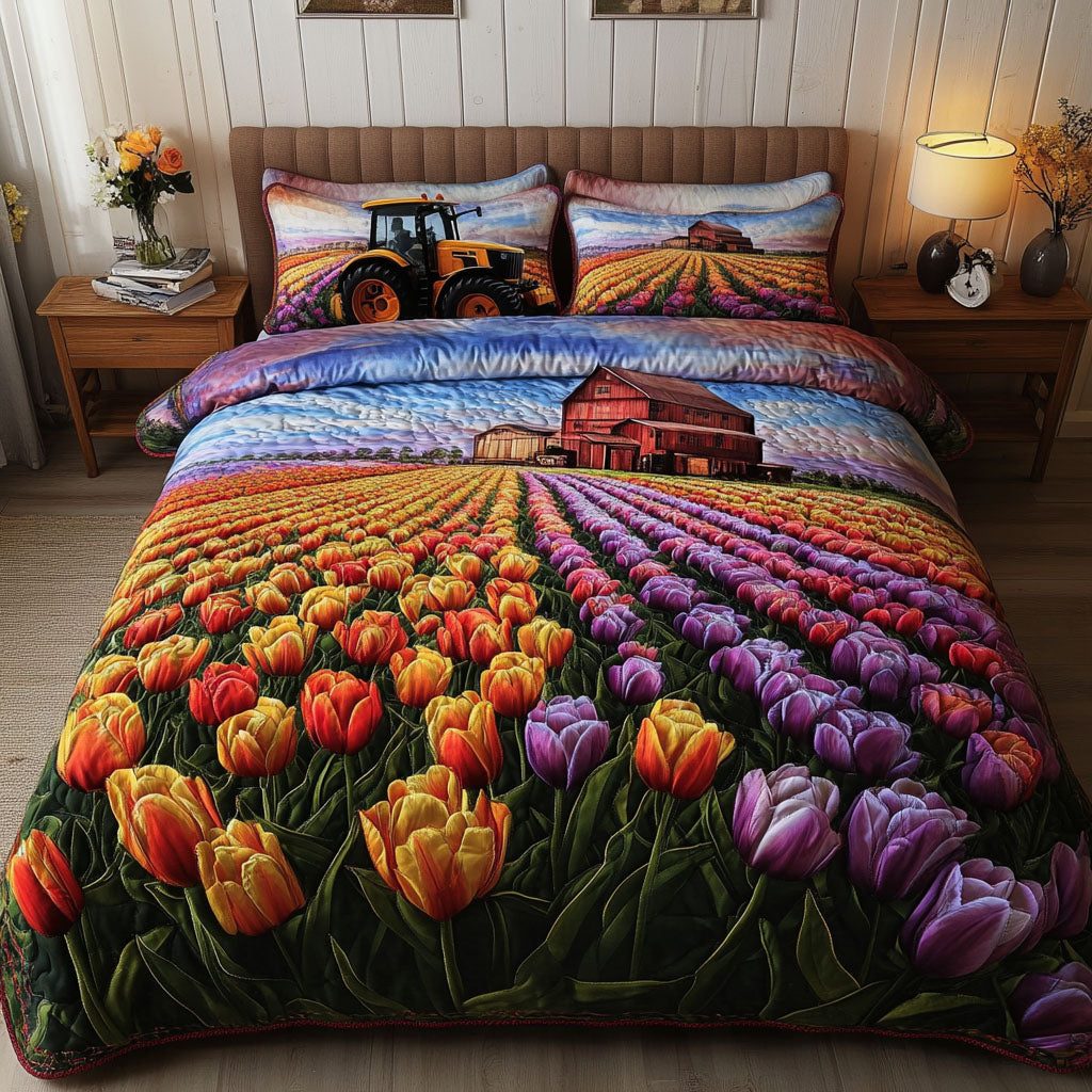 Barnyard Bloomscape quilted 3-piece bedding set on a made bed with two matching pillow shams