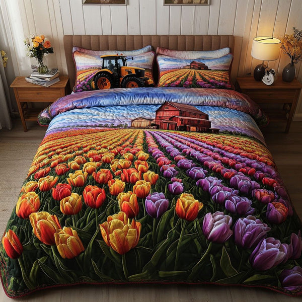 Barnyard Bloomscape quilted 3-piece bedding set on a made bed with two matching pillow shams