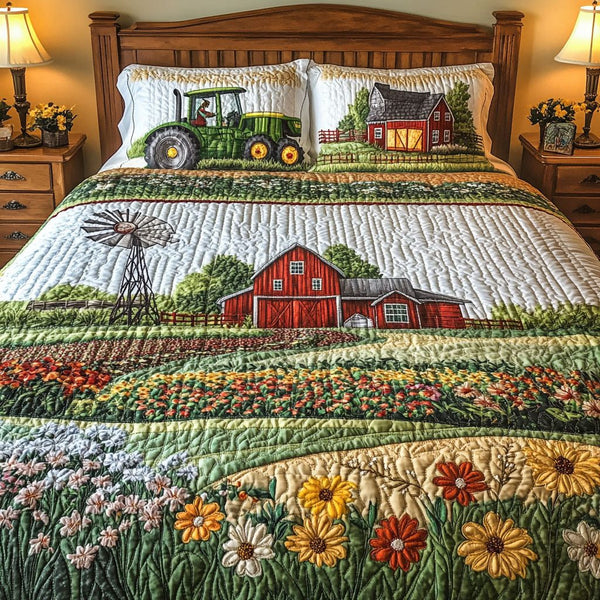 Barnyard Blossom quilted 3-piece bedding set on a made bed with two matching pillow shams