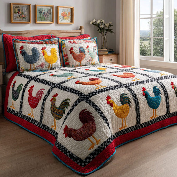 Barnyard Charm quilted 3-piece bedding set on a made bed with two matching pillow shams