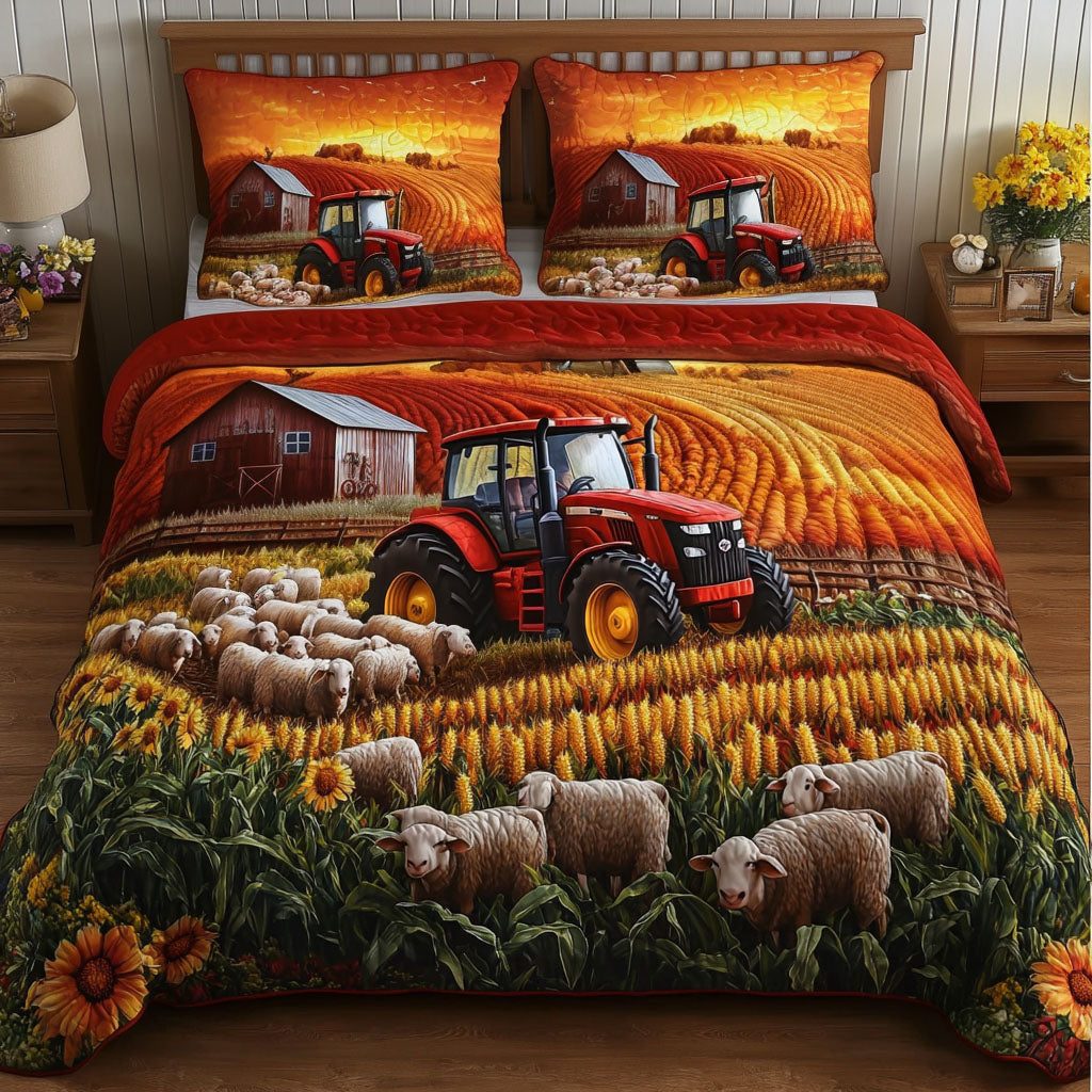 Barnyard Charm quilted 3-piece bedding set on a made bed with two matching pillow shams
