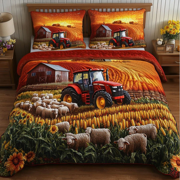 Barnyard Charm quilted 3-piece bedding set on a made bed with two matching pillow shams