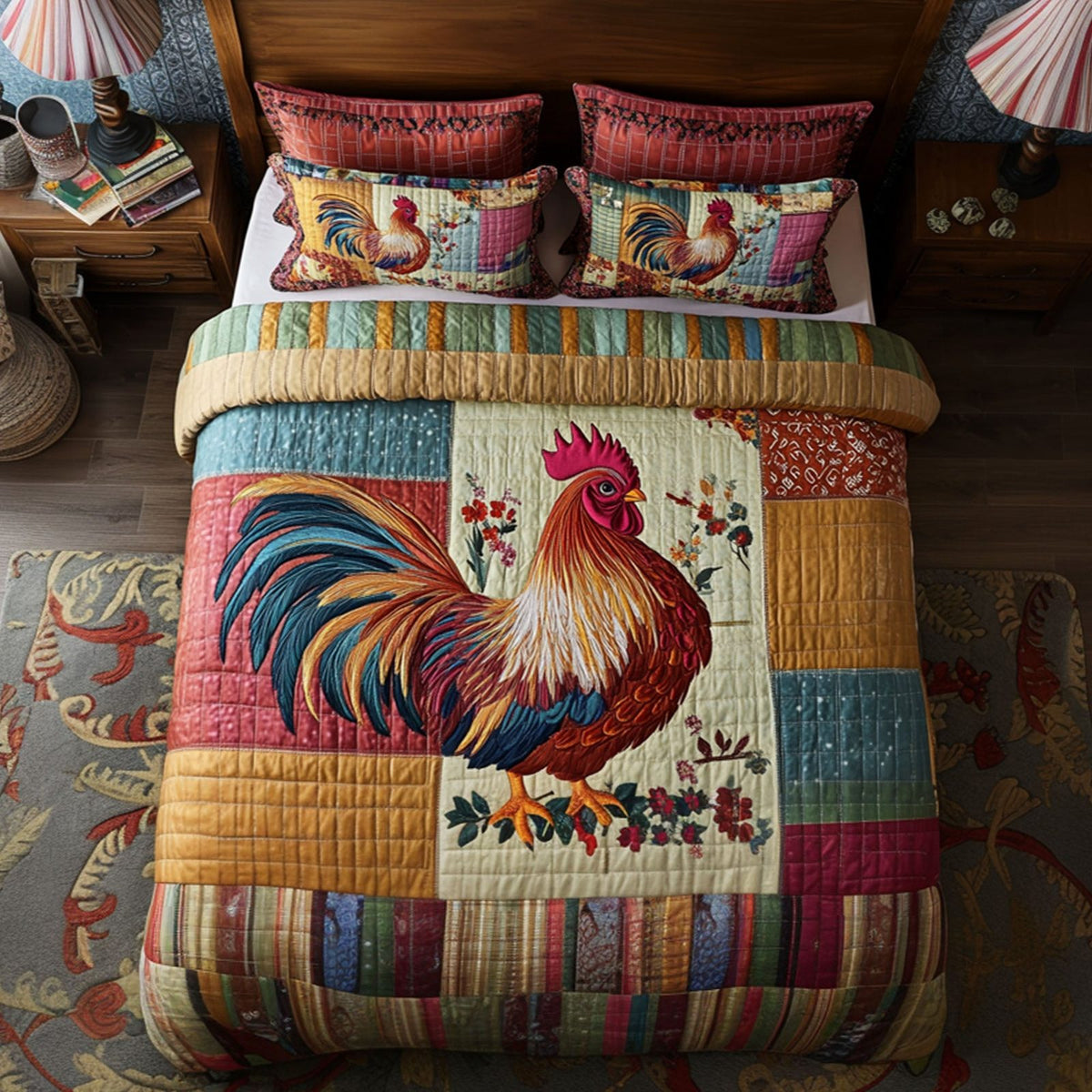 Barnyard Cluck quilted 3-piece bedding set on a made bed with two matching pillow shams