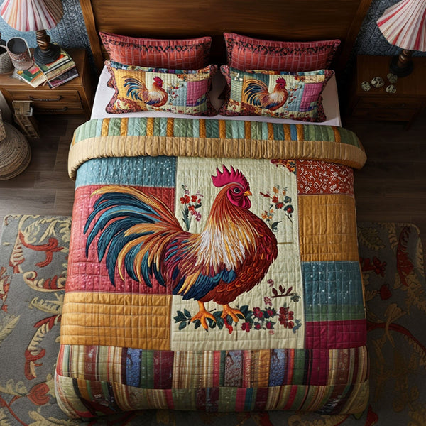 Barnyard Cluck quilted 3-piece bedding set on a made bed with two matching pillow shams