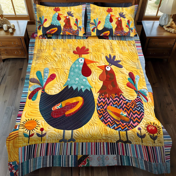 Barnyard Couple quilted 3-piece bedding set on a made bed with two matching pillow shams