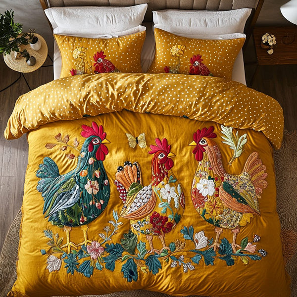 Barnyard Cozy quilted 3-piece bedding set on a made bed with two matching pillow shams